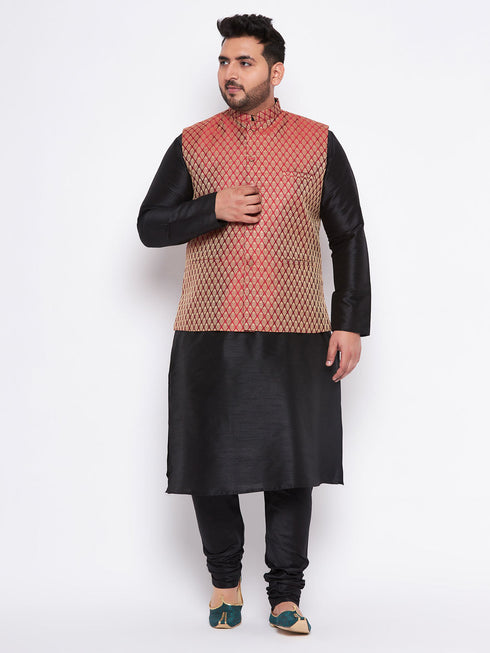 Vastramay Men's Plus Size Maroon Woven Nehru Jacket With Black Kurta And Pyjama Set